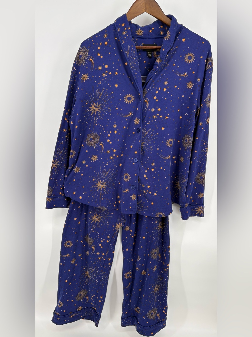 Room Service Celestial Pajama Set XXL Plus Blue Stars Moon Shawl Collar PJs 2pc